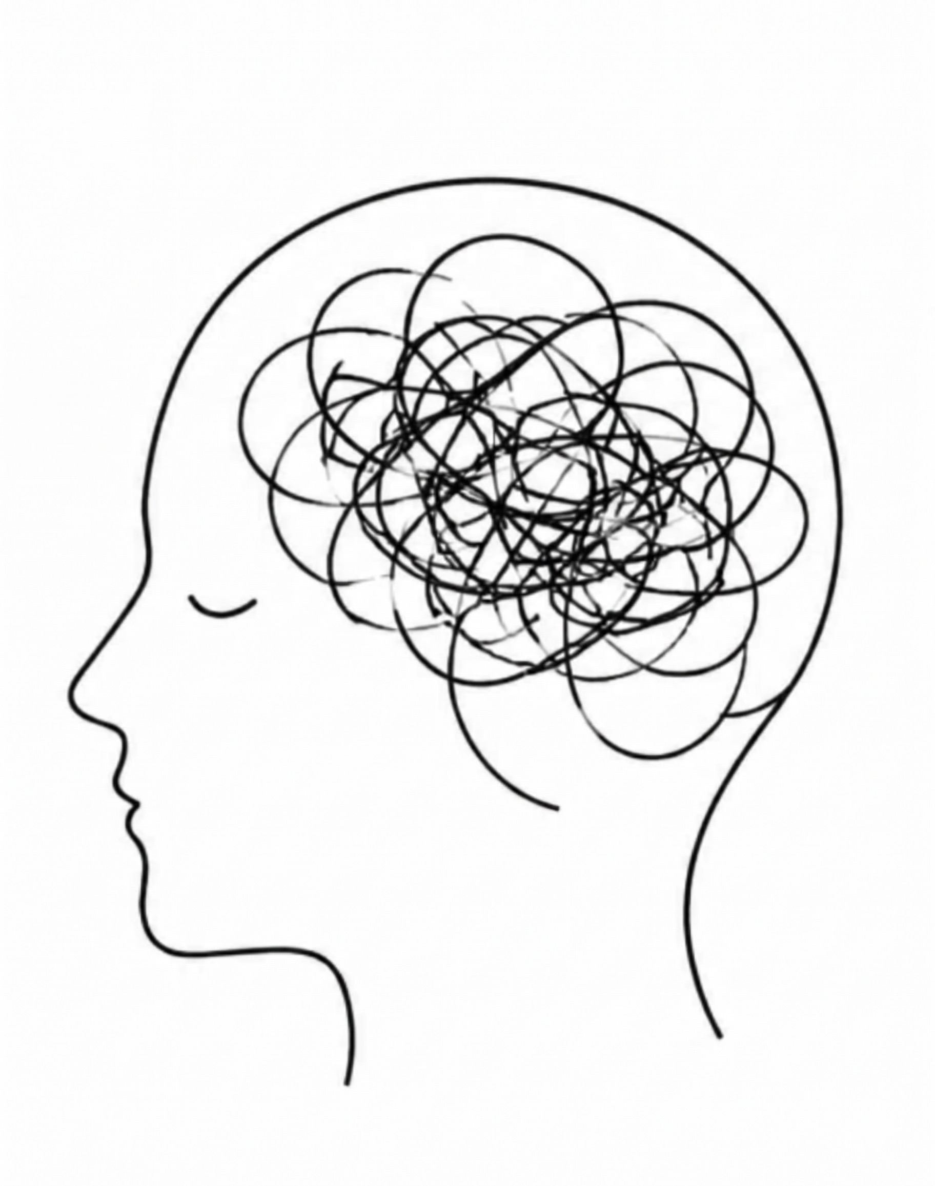 頭の中にいろいろな考えが渦巻いている様子の線画イラスト